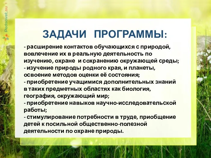 ЗАДАЧИ ПРОГРАММЫ: - расширение контактов обучающихся с природой, вовлечение их в