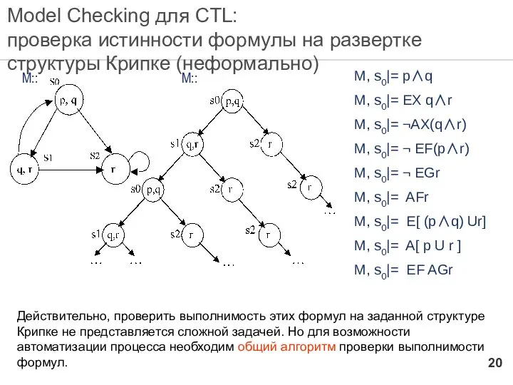 Model Checking для CTL: проверка истинности формулы на развертке структуры Крипке