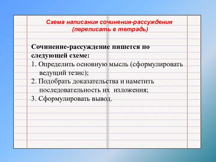 Схема написания сочинения-рассуждения (переписать в тетрадь) Сочинение-рассуждение пишется по следующей схеме: