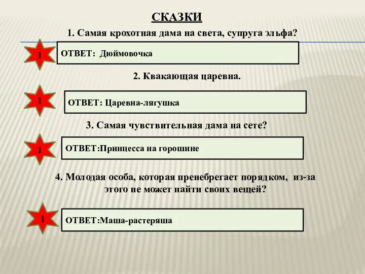 1. Самая крохотная дама на света, супруга эльфа? 2. Квакающая царевна.