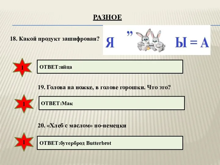 18. Какой продукт зашифрован? ОТВЕТ:яйца 19. Голова на ножке, в голове