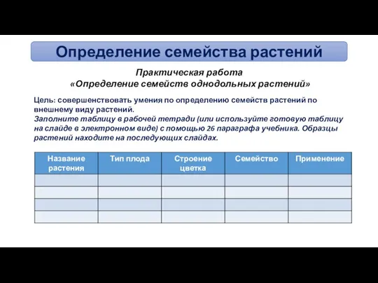 Определение семейства растений Практическая работа «Определение семейств однодольных растений» Цель: совершенствовать