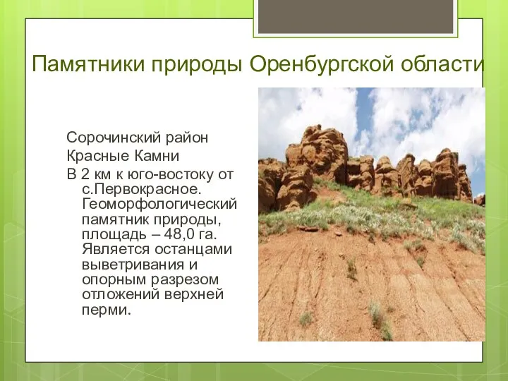 Памятники природы Оренбургской области Сорочинский район Красные Камни В 2 км