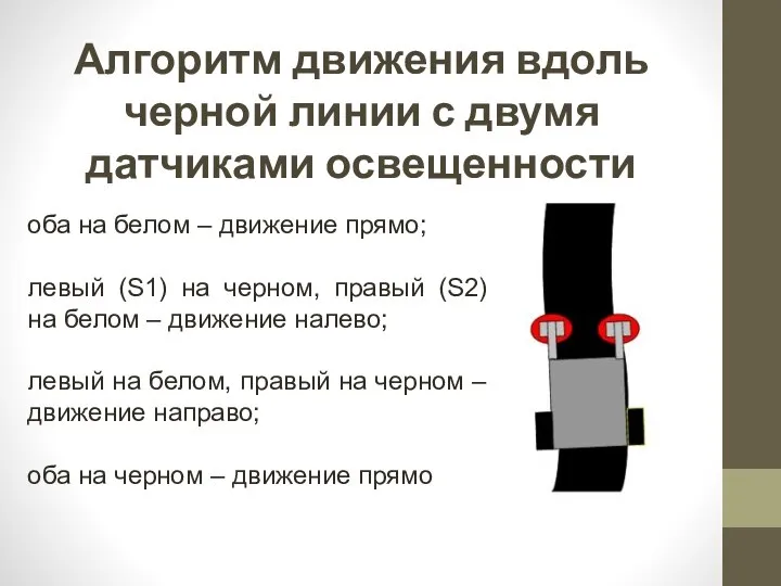 Алгоритм движения вдоль черной линии с двумя датчиками освещенности оба на