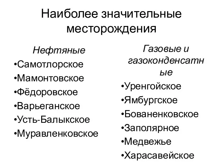 Наиболее значительные месторождения Нефтяные Самотлорское Мамонтовское Фёдоровское Варьеганское Усть-Балыкское Муравленковское Газовые