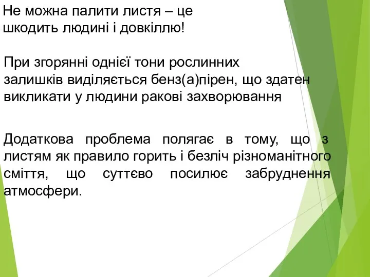 Не можна палити листя – це шкодить людині і довкіллю! При