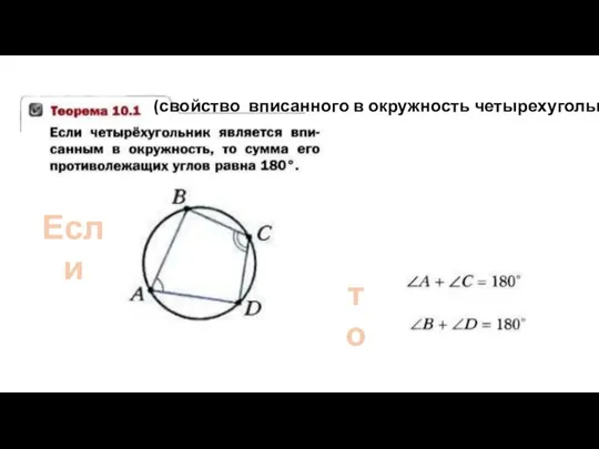 Если то (свойство вписанного в окружность четырехугольника)