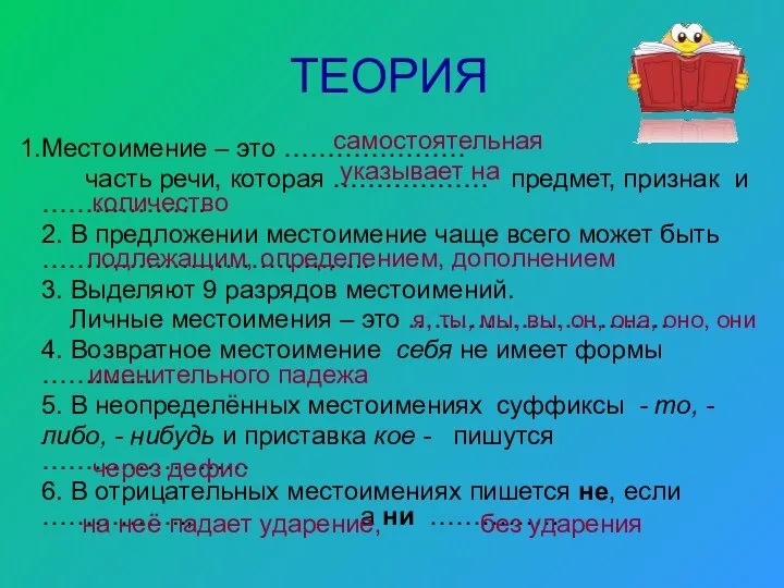 ТЕОРИЯ Местоимение – это ………………… часть речи, которая ……………… предмет, признак