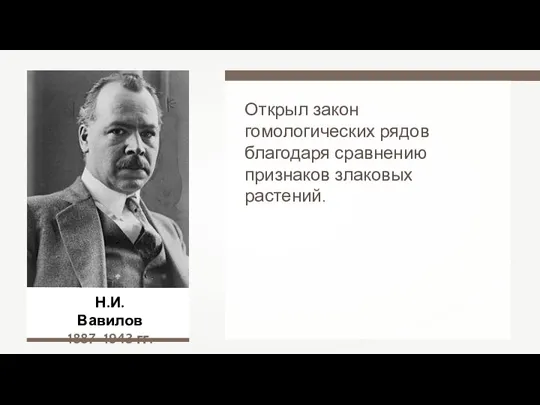 Н.И. Вавилов 1887–1943 гг. Открыл закон гомологических рядов благодаря сравнению признаков злаковых растений.