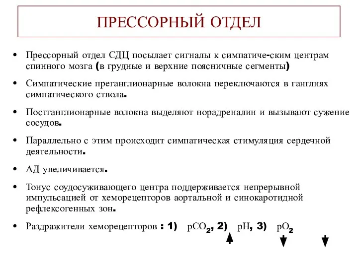 ПРЕССОРНЫЙ ОТДЕЛ Прессорный отдел СДЦ посылает сигналы к симпатиче-ским центрам спинного