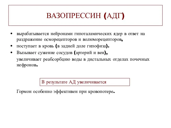 В результате АД увеличивается ВАЗОПРЕССИН (АДГ) вырабатывается нейронами гипоталамических ядер в