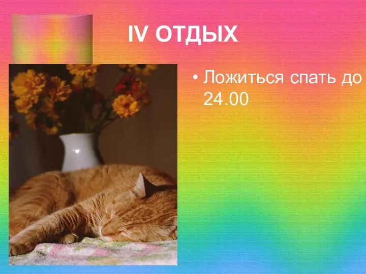 IV ОТДЫХ Ложиться спать до 24.00