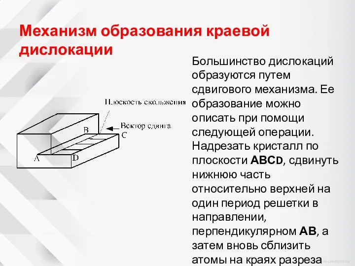 Механизм образования краевой дислокации Большинство дислокаций образуются путем сдвигового механизма. Ее