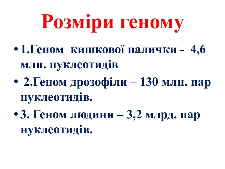 Розміри геному 1.Геном кишкової палички - 4,6 млн. нуклеотидів 2.Геном дрозофіли