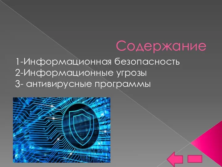 Содержание 1-Информационная безопасность 2-Информационные угрозы 3- антивирусные программы