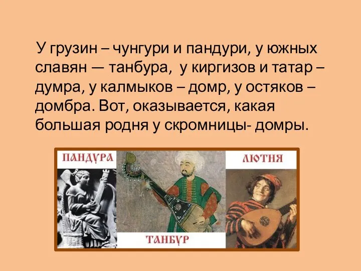 У грузин – чунгури и пандури, у южных славян — танбура,