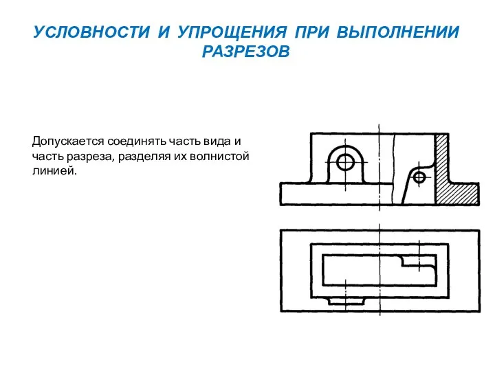 УСЛОВНОСТИ И УПРОЩЕНИЯ ПРИ ВЫПОЛНЕНИИ РАЗРЕЗОВ Допускается соединять часть вида и