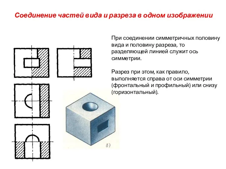 Соединение частей вида и разреза в одном изображении При соединении симметричных