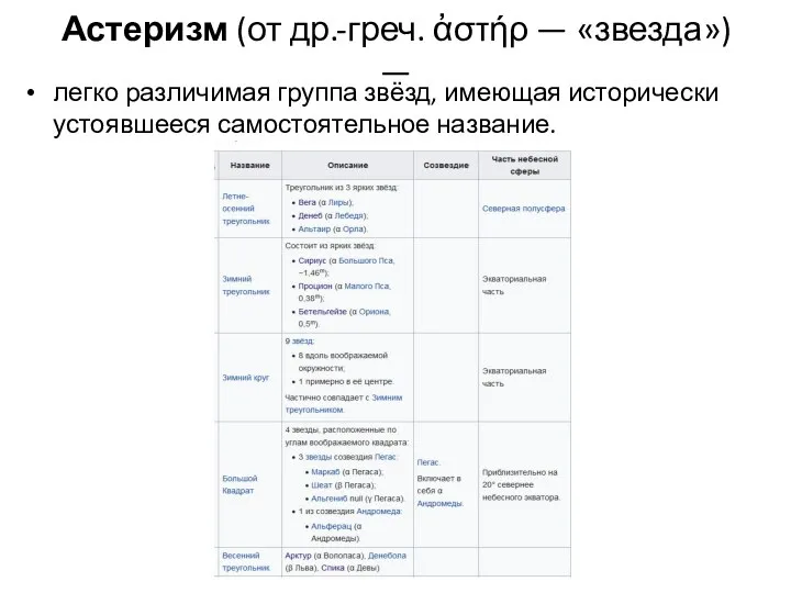 Астеризм (от др.-греч. ἀστήρ — «звезда») — легко различимая группа звёзд, имеющая исторически устоявшееся самостоятельное название.