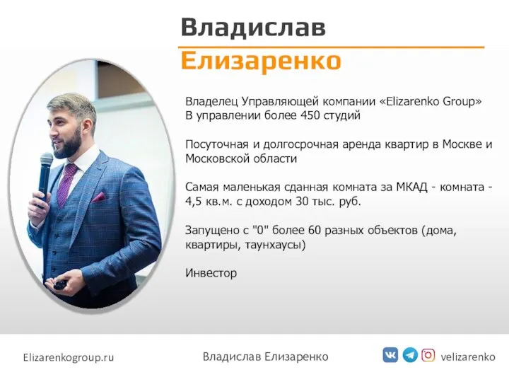 аренда Владислав Елизаренко Владелец Управляющей компании «Elizarenko Group» В управлении более