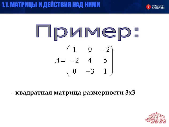 Пример: - квадратная матрица размерности 3х3 1.1. МАТРИЦЫ И ДЕЙСТВИЯ НАД НИМИ