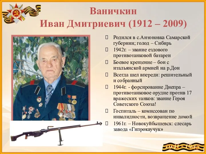 Ваничкин Иван Дмитриевич (1912 – 2009) Родился в с.Антоновка Самарской губернии;