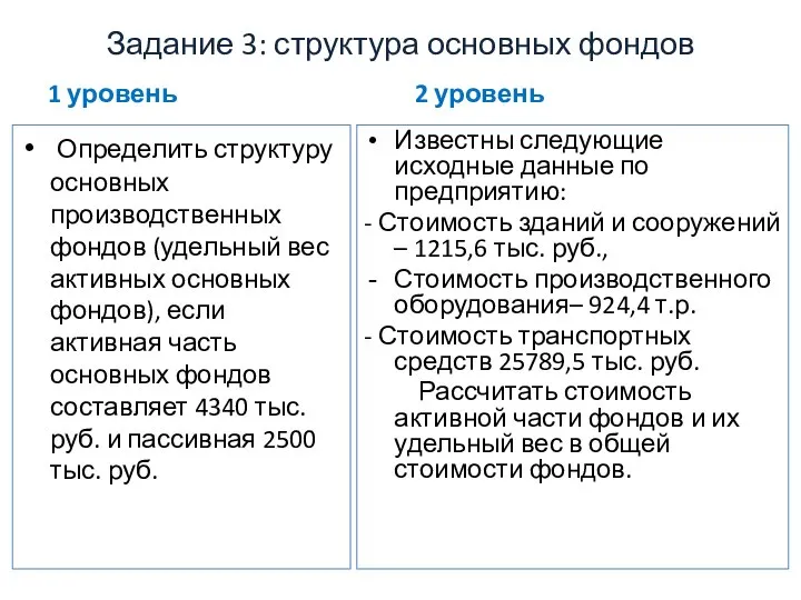 Задание 3: структура основных фондов 1 уровень Определить структуру основных производственных