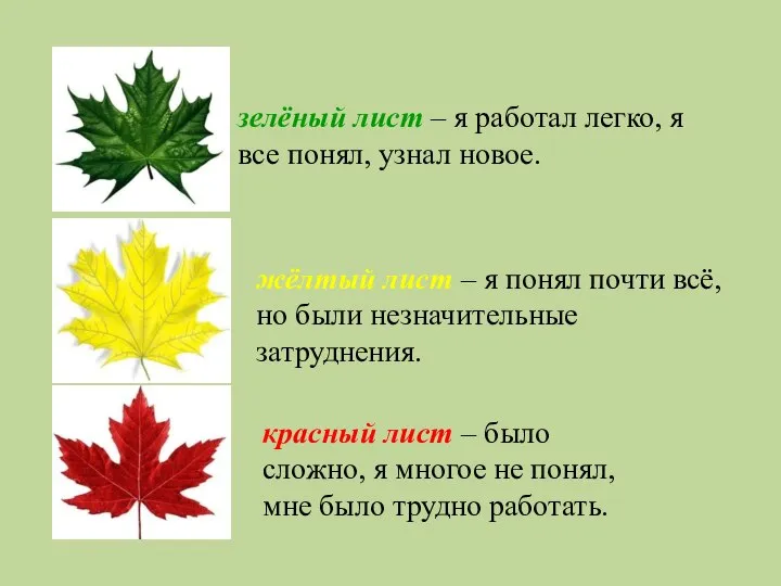 зелёный лист – я работал легко, я все понял, узнал новое.