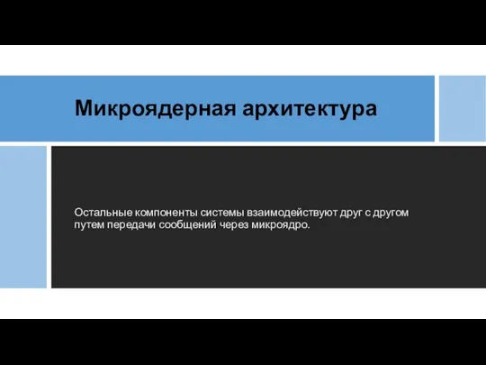 Микроядерная архитектура Остальные компоненты системы взаимодействуют друг с другом путем передачи сообщений через микроядро.