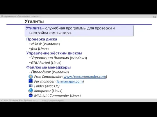 Утилиты Проверка диска chkdsk (Windows) fcsk (Linux) Управление жёстким диском Управление