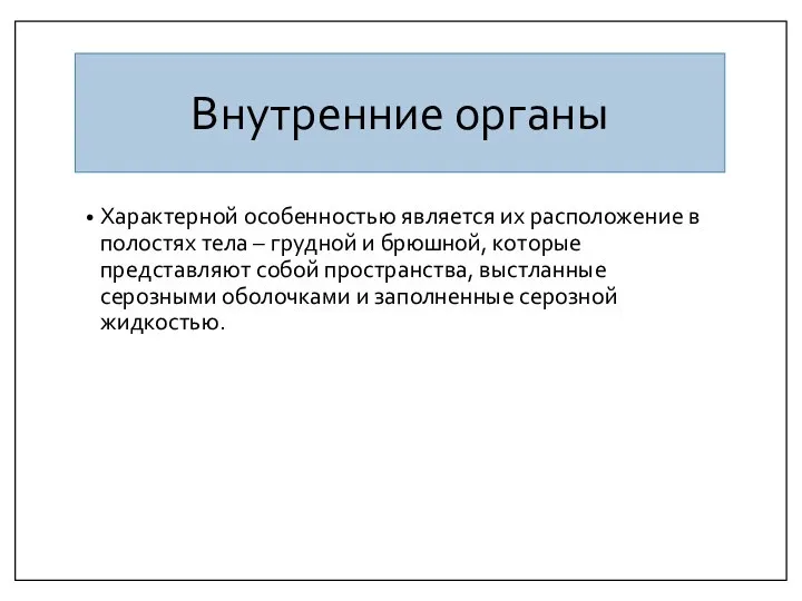 Внутренние органы Характерной особенностью является их расположение в полостях тела –