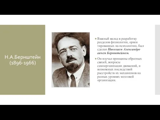 Н.А.Бернштейн (1896-1966) Важный вклад в разработку разделов физиологии, ориен­тированных на психологию,