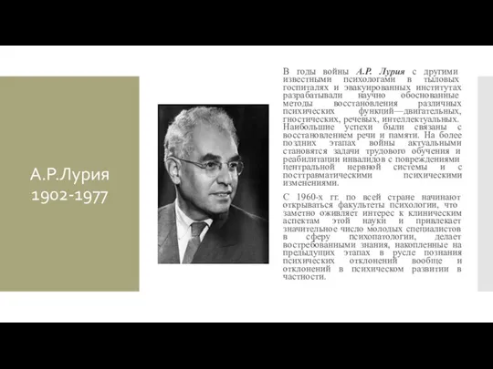 А.Р.Лурия 1902-1977 В годы войны А.Р. Лурия с другими известными психологами