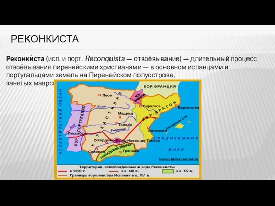 РЕКОНКИСТА Реконки́ста (исп. и порт. Reconquista — отвоёвывание) — длительный процесс