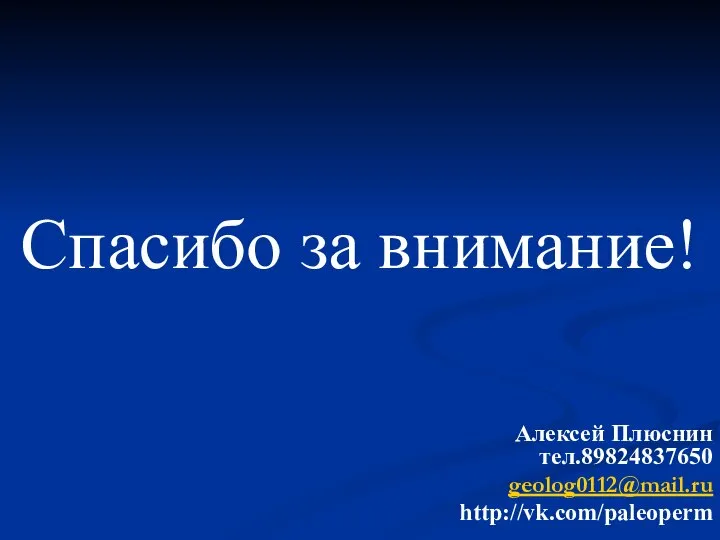 Спасибо за внимание! Алексей Плюснин тел.89824837650 geolog0112@mail.ru http://vk.com/paleoperm