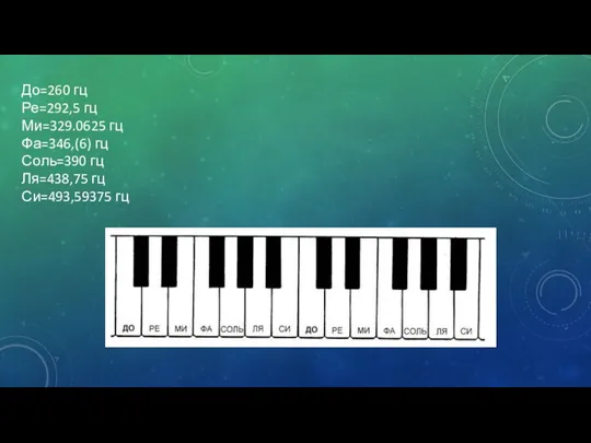 До=260 гц Ре=292,5 гц Ми=329.0625 гц Фа=346,(6) гц Соль=390 гц Ля=438,75 гц Си=493,59375 гц