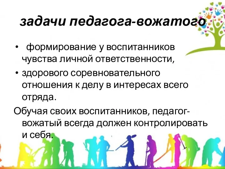 задачи педагога-вожатого формирование у воспитанников чувства личной ответственности, здорового соревновательного отношения