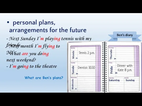 personal plans, arrangements for the future - Next Sunday I’m playing
