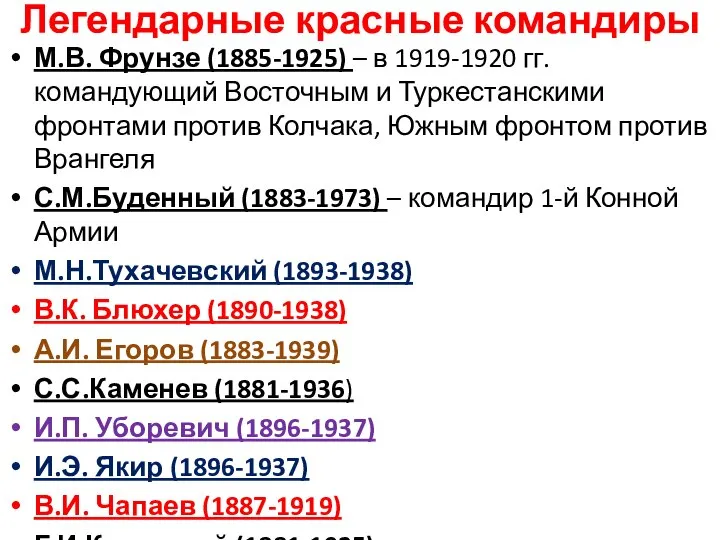 Легендарные красные командиры М.В. Фрунзе (1885-1925) – в 1919-1920 гг. командующий