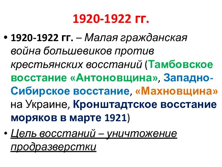 1920-1922 гг. 1920-1922 гг. – Малая гражданская война большевиков против крестьянских