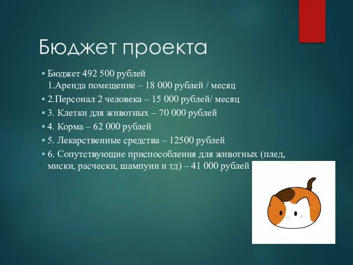Бюджет проекта Бюджет 492 500 рублей 1.Аренда помещение – 18 000