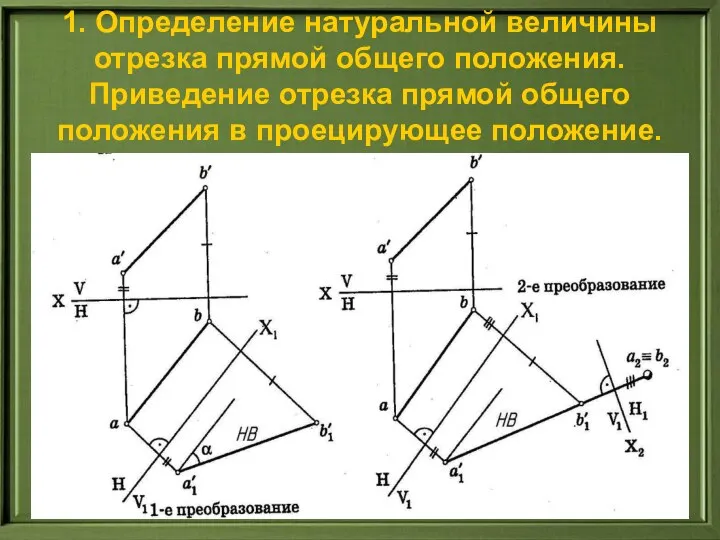 1. Определение натуральной величины отрезка прямой общего положения. Приведение отрезка прямой общего положения в проецирующее положение.