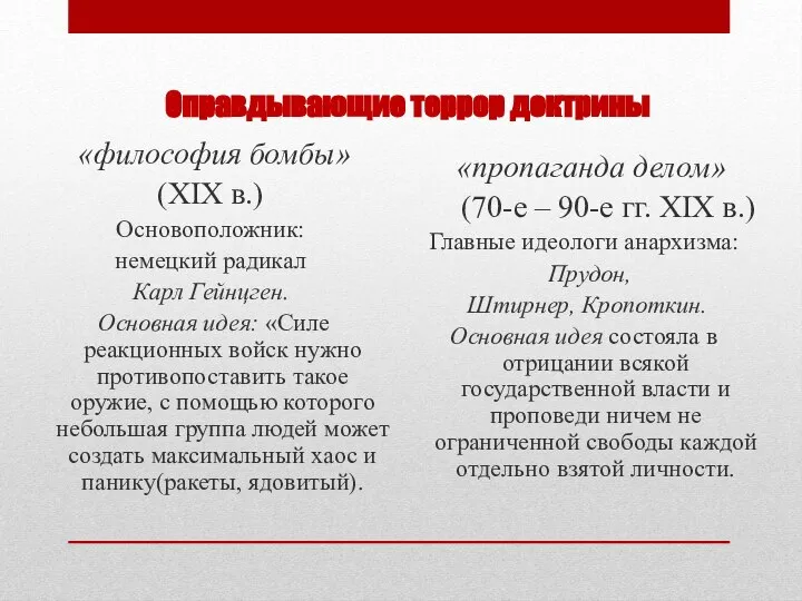 Оправдывающие террор доктрины «философия бомбы» (XIX в.) Основоположник: немецкий радикал Карл