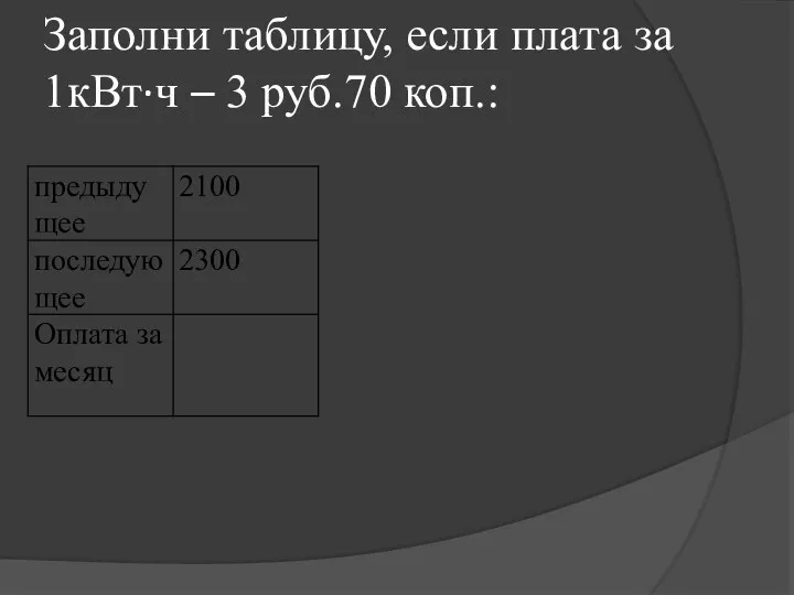 Заполни таблицу, если плата за 1кВт·ч – 3 руб.70 коп.:
