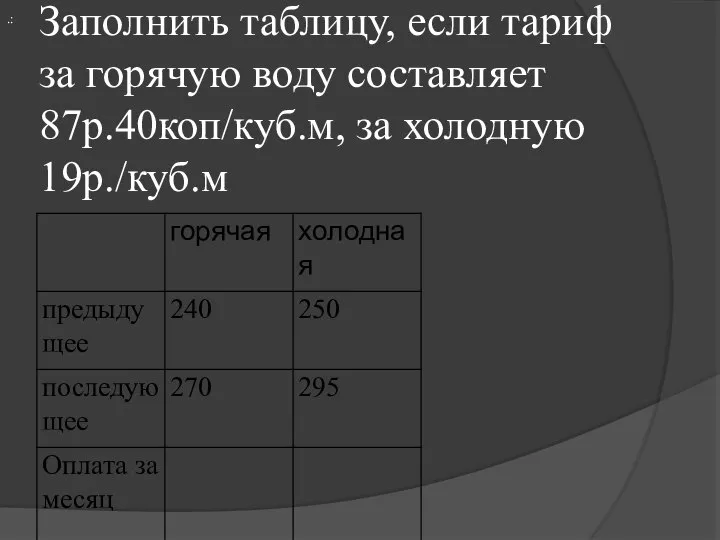 Заполнить таблицу, если тариф за горячую воду составляет 87р.40коп/куб.м, за холодную 19р./куб.м .: