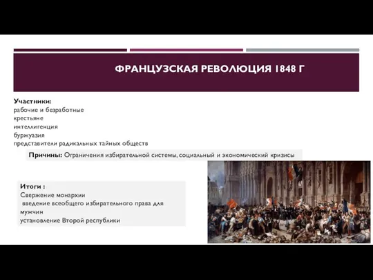 ФРАНЦУЗСКАЯ РЕВОЛЮЦИЯ 1848 Г Причины: Ограничения избирательной системы, социальный и экономический