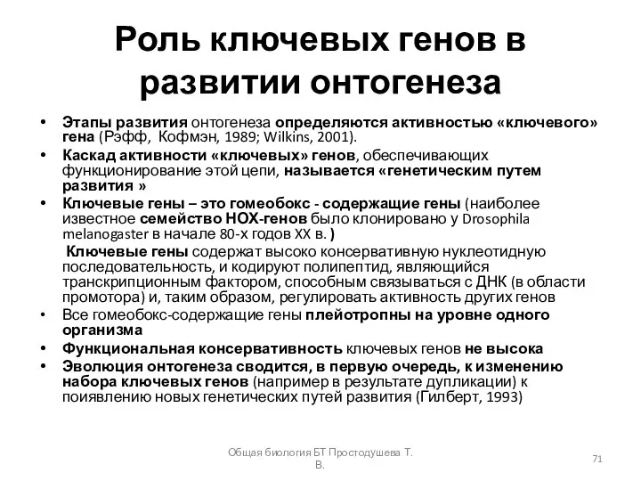 Роль ключевых генов в развитии онтогенеза Этапы развития онтогенеза определяются активностью