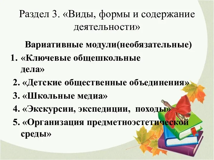 Раздел 3. «Виды, формы и содержание деятельности» Вариативные модули(необязательные) «Ключевые общешкольные