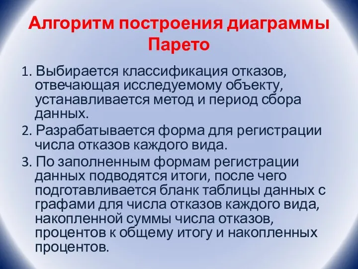 Алгоритм построения диаграммы Парето 1. Выбирается классификация отказов, отвечающая исследуемому объекту,