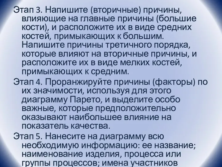 Этап 3. Напишите (вторичные) причины, влияющие на главные причины (большие кости),